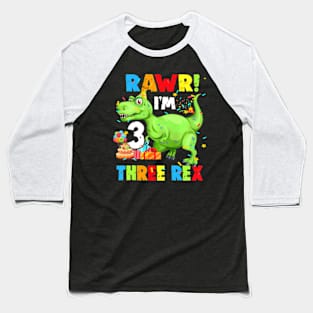 Kids Three Rex Birthday Party Outfit Dinosaur 3 Year Old Boy Baseball T-Shirt